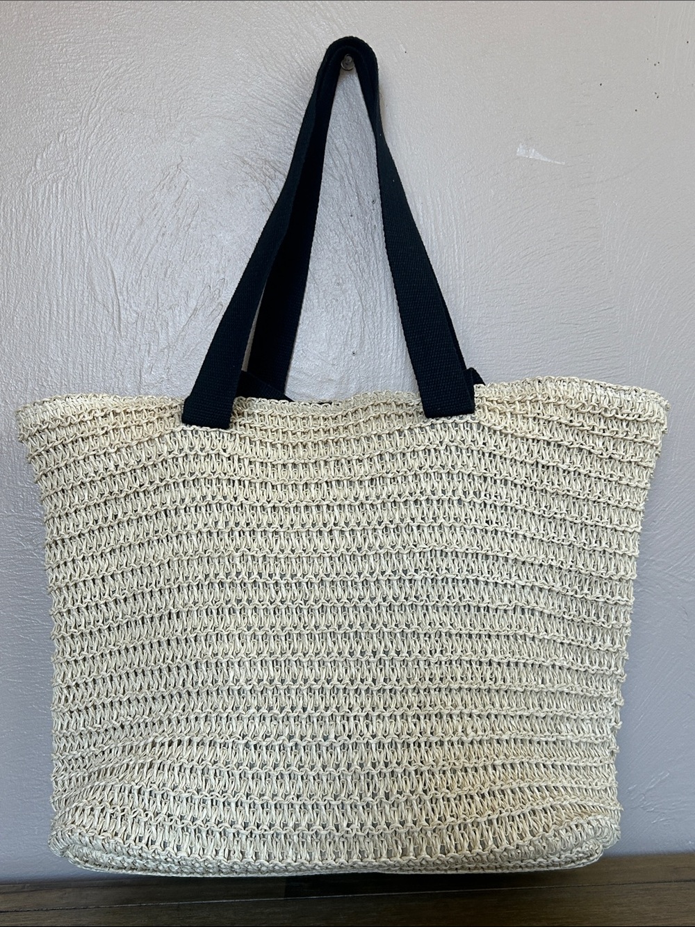 Divided Woven Straw Tote Bag with Black Straps - Neutral Color. NWOT.